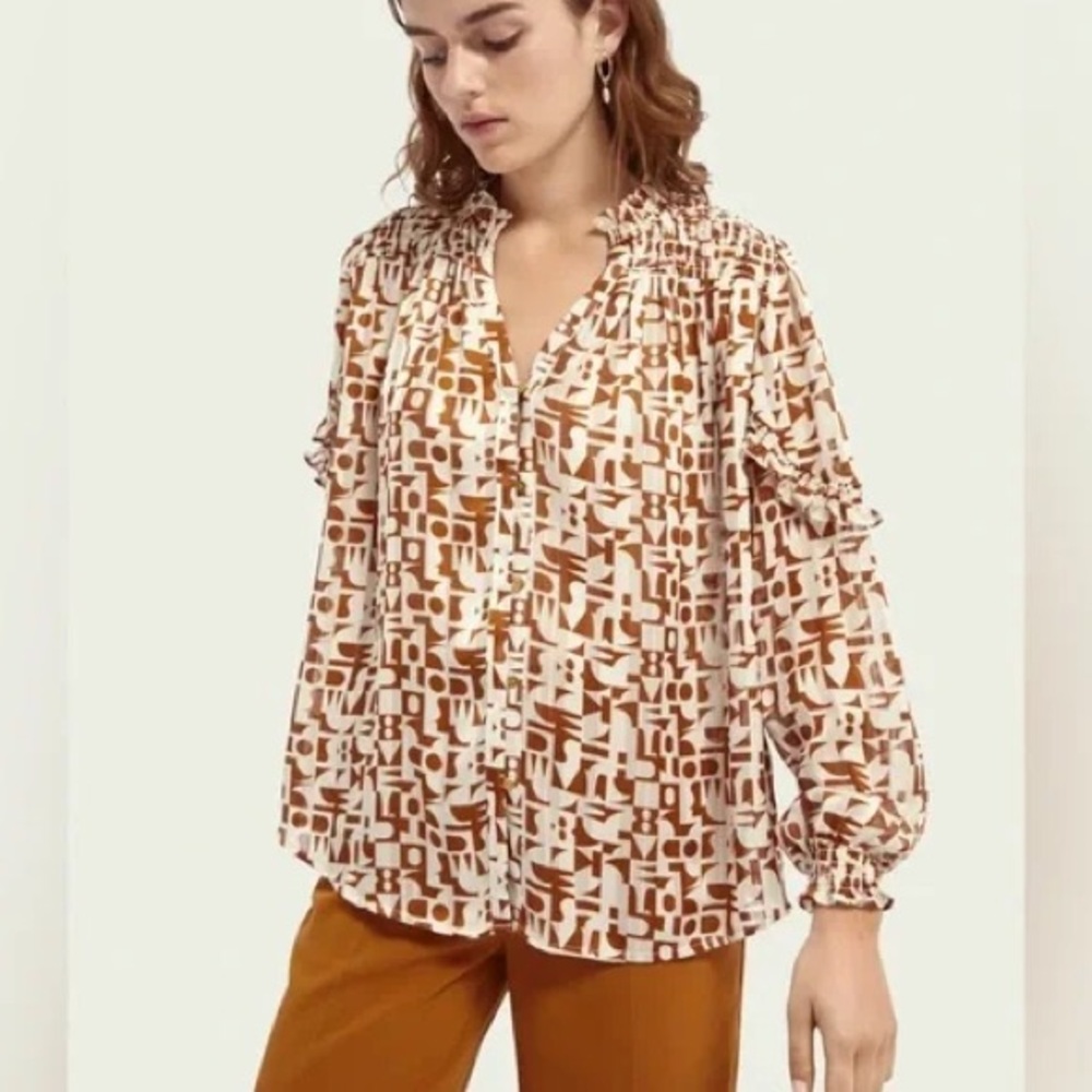 SCOTCH & SODA Geometric Printed Sheer Ruffle Trim Blouse Top Size XS